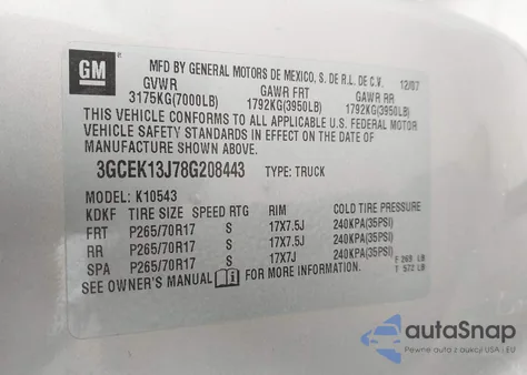 2008 Chevrolet Silverado 1500 Lt1 z USA, uszkodzony, nr VIN 3GCEK13J78G208443